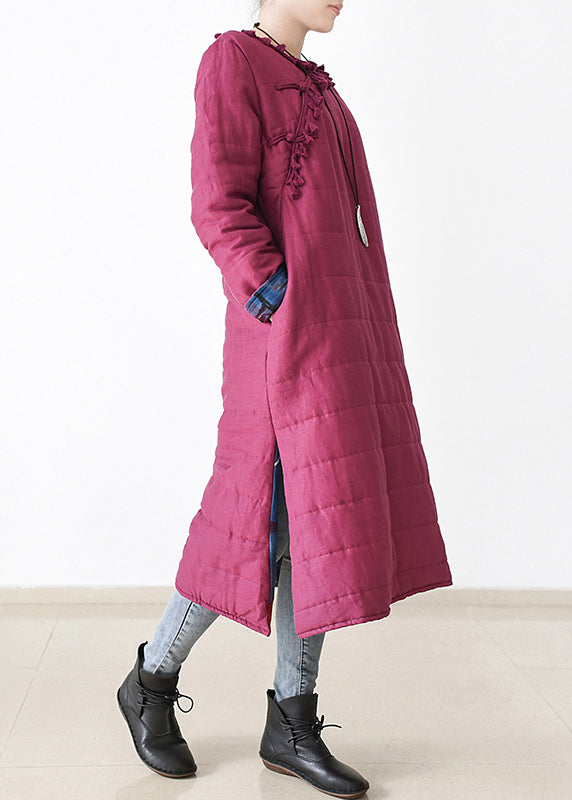 Chic Rose O-Neck Button Side Open Thick Linen Long Parka Witner