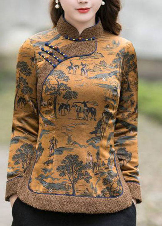 Chinese Style Chocolate side open Stand Collar button Print Fine Cotton Filled tops Winter - Down Jackets - DYAVOR® 