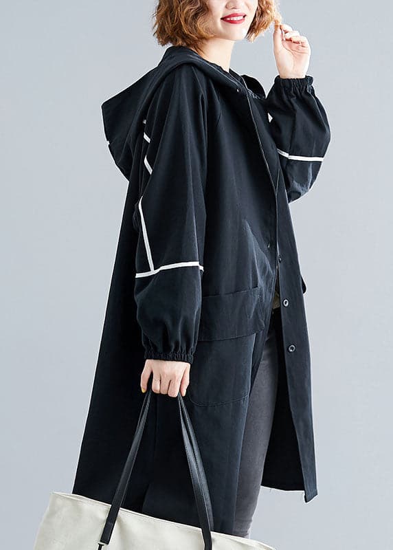  Classy Black Button Pockets Loose Fall Long sleeve Hooded Coat - Trench coats - DYAVOR® 