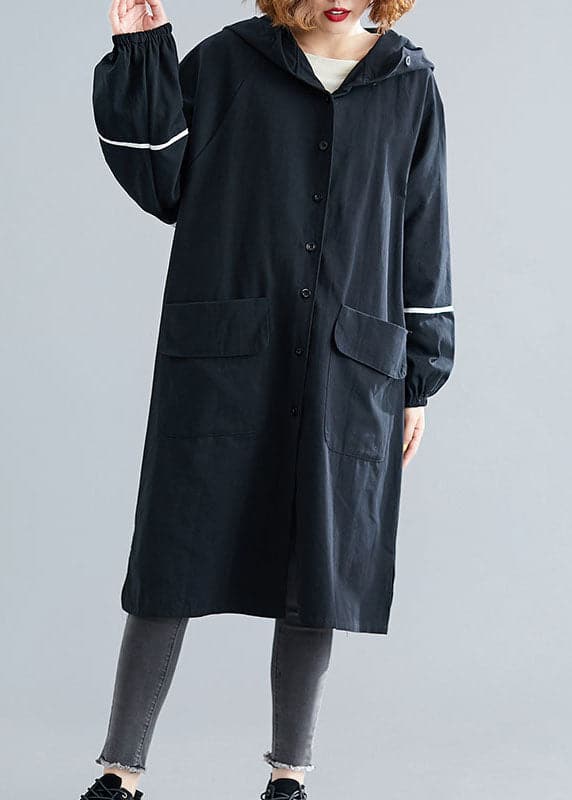  Classy Black Button Pockets Loose Fall Long sleeve Hooded Coat - Trench coats - DYAVOR® 