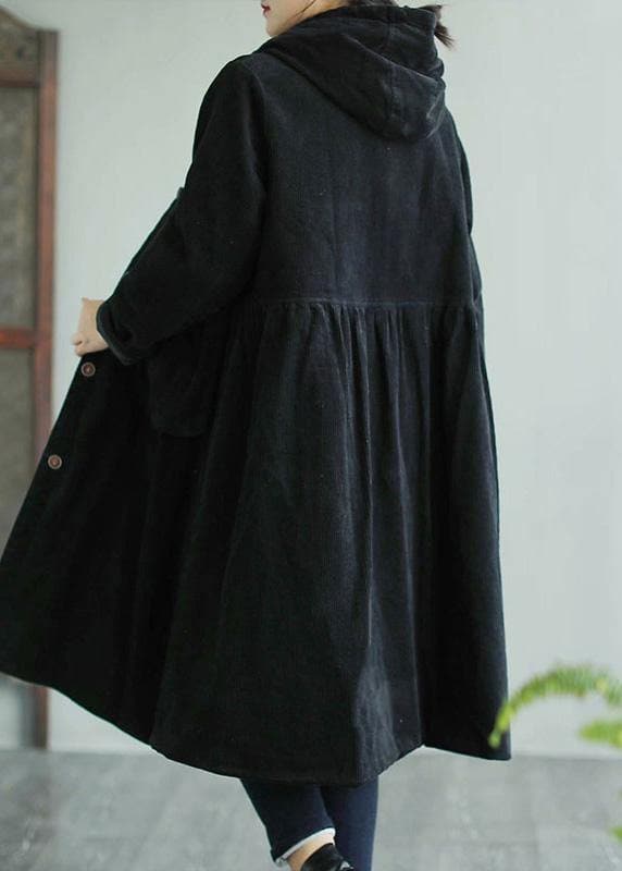 Classy Black Fine Maxi Coat Sewing Hooded Pockets Women Coats