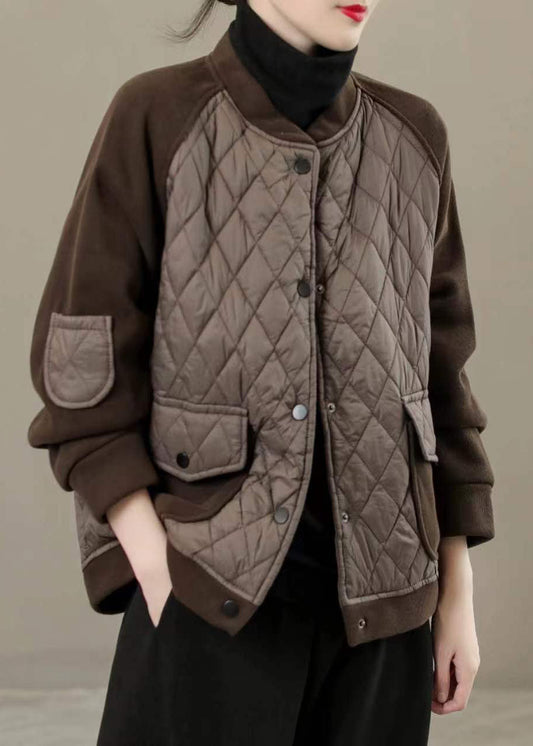  Classy Chocolate Stand Collar Pockets Patchwork Fine Cotton Filled Jackets Winter - Down Jackets - DYAVOR® 