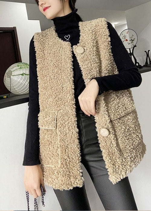  Classy Khaki Button Pockets Faux Fur Winter Vest - vests - DYAVOR® 