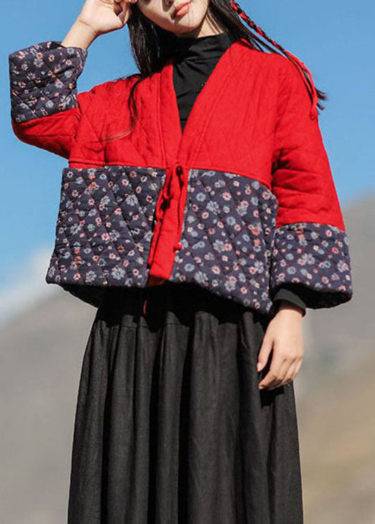  Classy Red V Neck Patchwork Print Fine Cotton Filled Loose Cardigan Winter - Down Jackets - DYAVOR® 