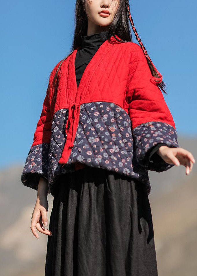  Classy Red V Neck Patchwork Print Fine Cotton Filled Loose Cardigan Winter - Down Jackets - DYAVOR® 