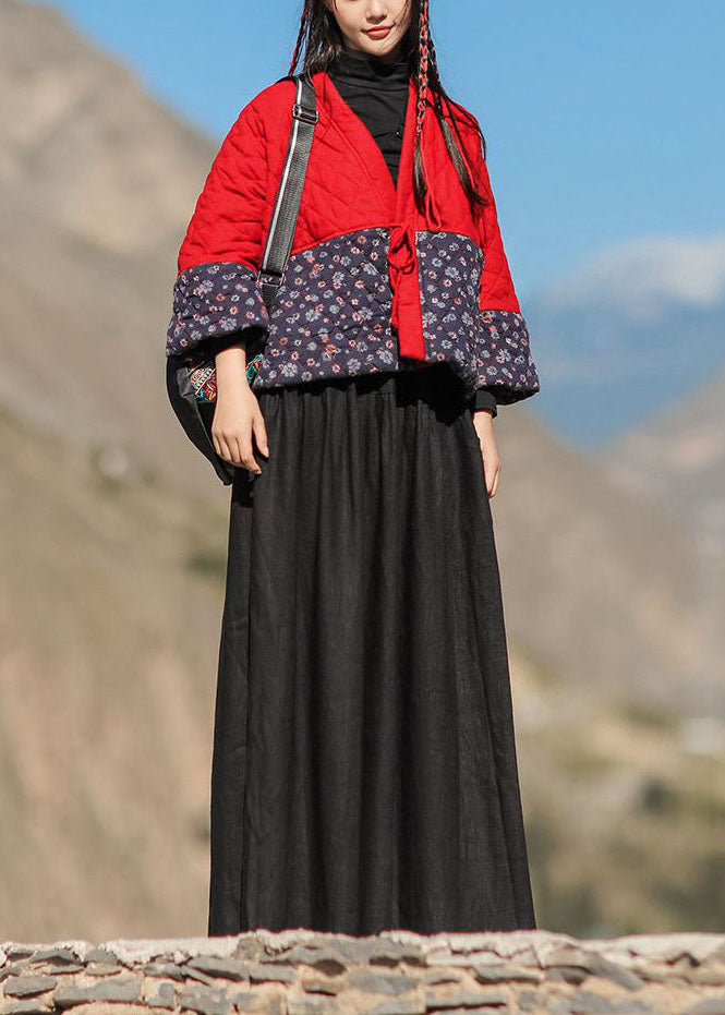  Classy Red V Neck Patchwork Print Fine Cotton Filled Loose Cardigan Winter - Down Jackets - DYAVOR® 