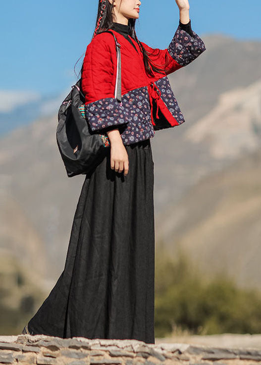  Classy Red V Neck Patchwork Print Fine Cotton Filled Loose Cardigan Winter - Down Jackets - DYAVOR® 