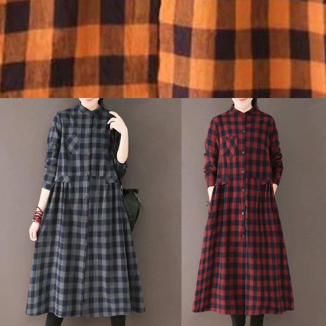 Classy Stand Collar Pockets Spring Dresses Yellow Plaid Art Dress