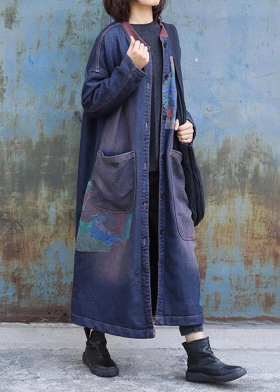 Classy blue prints Fashion trench coat Inspiration two big pockets thick coats