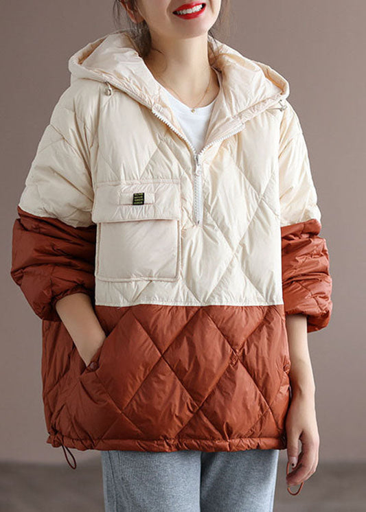  Club Beige Patchwork Orange zippered Pockets Duck Down Winter Down Jacket - Down Jackets - DYAVOR® 
