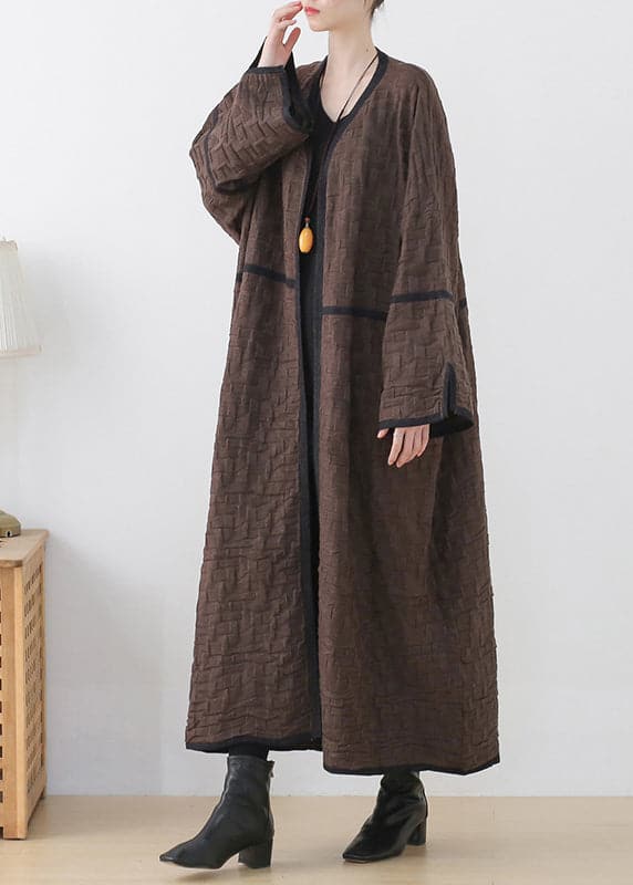  Coffee Colour V Neck Patchwork Woolen Trench Coats Long Sleeve - Trench coats - DYAVOR® 