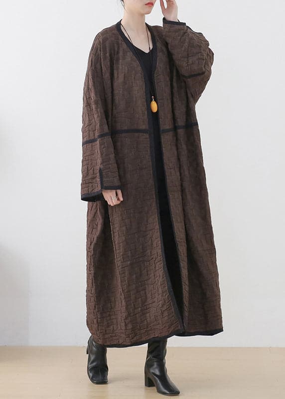  Coffee Colour V Neck Patchwork Woolen Trench Coats Long Sleeve - Trench coats - DYAVOR® 