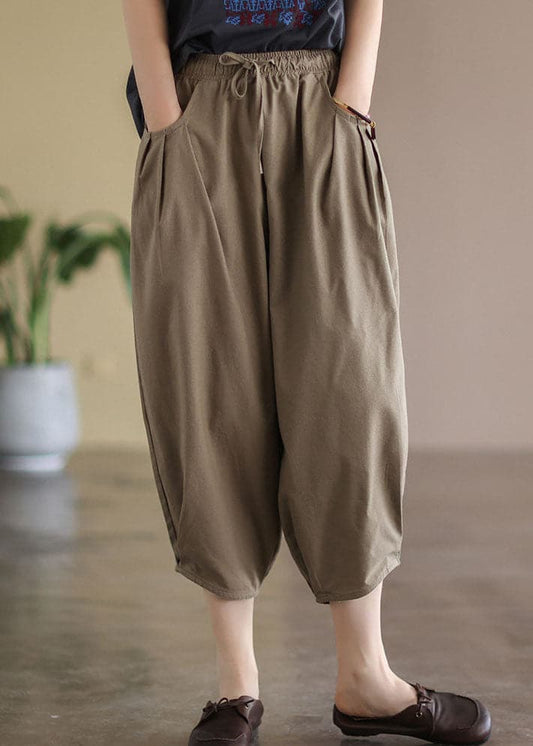  Coffee Loose Linen Harem Pants Elastic Waist Drawstring Summer - Crop Pants - DYAVOR® 