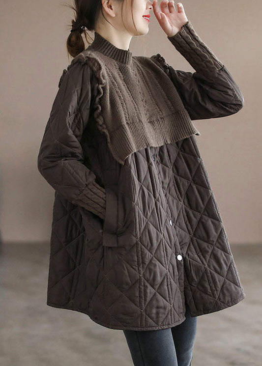  Chocolate Patchwork Fine Cotton Filled Coats Stand Collar Ruffled Winter - Down Jackets - DYAVOR® 