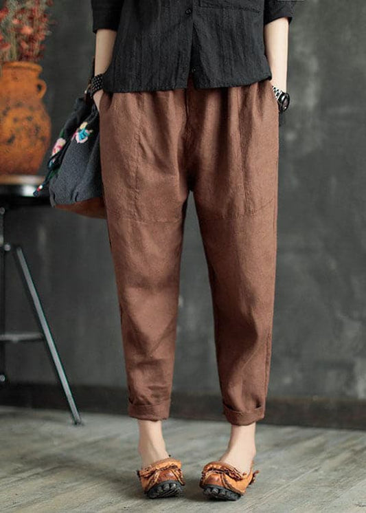  Coffee Patchwork Linen Crop Pants Elastic Waist Solid Color Summer - Crop Pants - DYAVOR® 