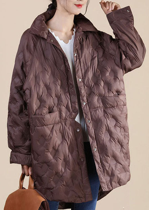  Chocolate Stand Collar Button Loose Winter Puffers Long Down Jacket - Down Jackets - DYAVOR® 