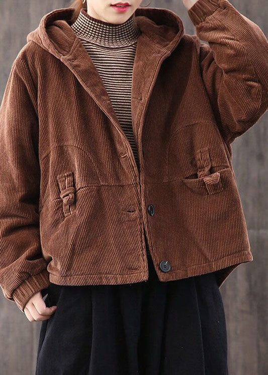  Chocolate Thick Fine Cotton Filled Corduroy Hooded Coat Winter - Down Jackets - DYAVOR® 