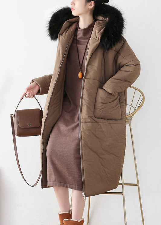  Chocolate Zippered Thick Hooded Maxi Parka Winter - Down Jackets - DYAVOR® 