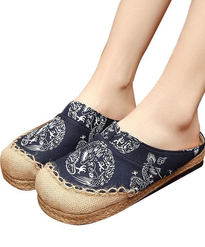 Comfy Navy Print Linen Fabric Slippers Shoes