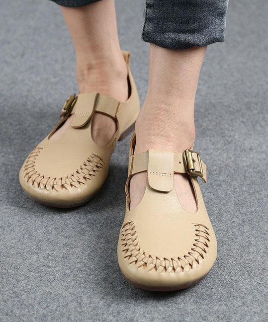 Cowhide Beige Leather Flat Shoes For Women Buckle Strap Hollow Out Flat Shoes