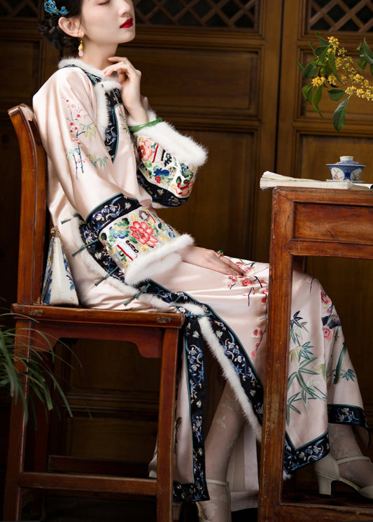 Cute O-Neck Embroideried Floral Thick Silk Cheongsam Long Sleeve