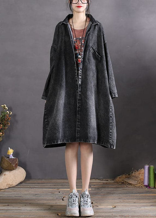  DIY Charcoal grey Peter Pan Collar Button denim Coats Spring - Trench coats - DYAVOR® 