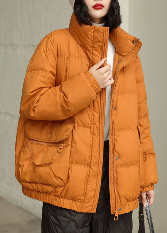  DIY Orange Stand Collar Zip Up Pockets Duck Down Jacket In Winter - Down Jackets - DYAVOR® 