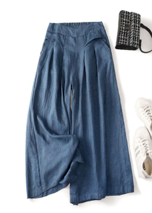  Denim Blue Linen Wide Leg Pants Pockets High Waist Summer - Crop Pants - DYAVOR® 