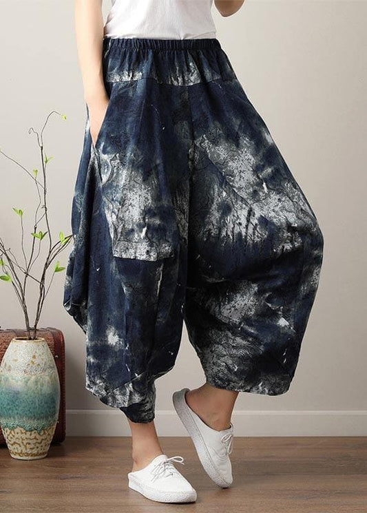  Diy Denim Blue Elastic Waist Cotton Linen Summer Harem Pants - Pants - DYAVOR® 