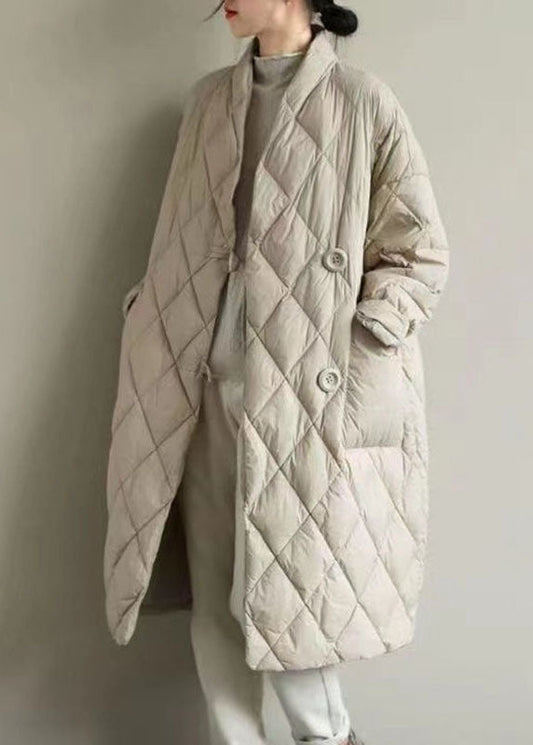  Elegant Apricot V Neck Pockets Fine Cotton Filled Puffers Jackets Winter - Down Jackets - DYAVOR® 