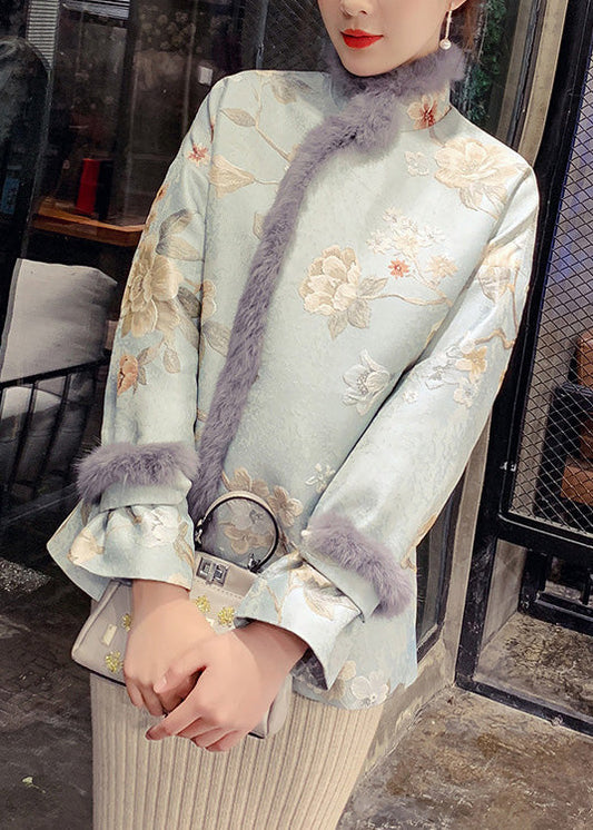  Elegant Blue Fur Collar Embroideried Warm Fleece Parka Winter - Down Jackets - DYAVOR® 