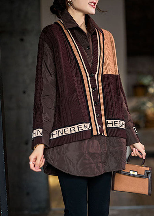  Elegant Chocolate Peter Pan Collar Knit Patchwork Fine Cotton Filled Shirt Top Winter - Down Jackets - DYAVOR® 