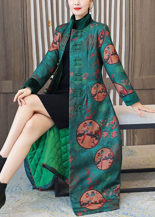  Elegant Green Stand Collar Chinese Style Print Fine Cotton Filled Coats Winter - Down Jackets - DYAVOR® 