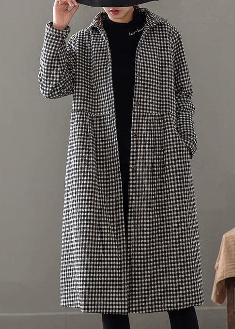 Elegant Iapel Pockets Fine Clothes For Women Black Plaid Tunic Coat