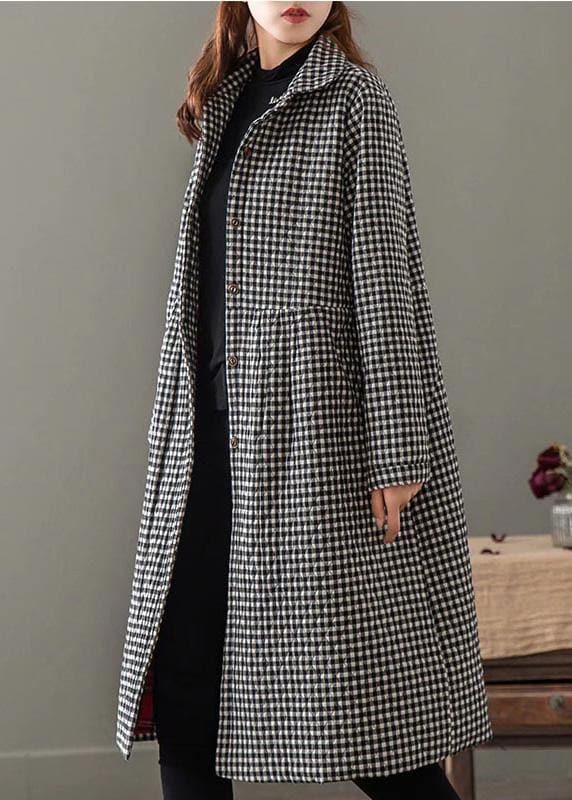 Elegant Iapel Pockets Fine Clothes For Women Black Plaid Tunic Coat