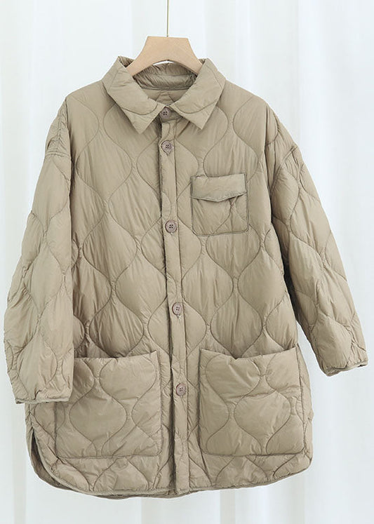  Elegant Khaki PeterPan Collar Pockets Button Winter Duck Down Coat - Down Jackets - DYAVOR® 
