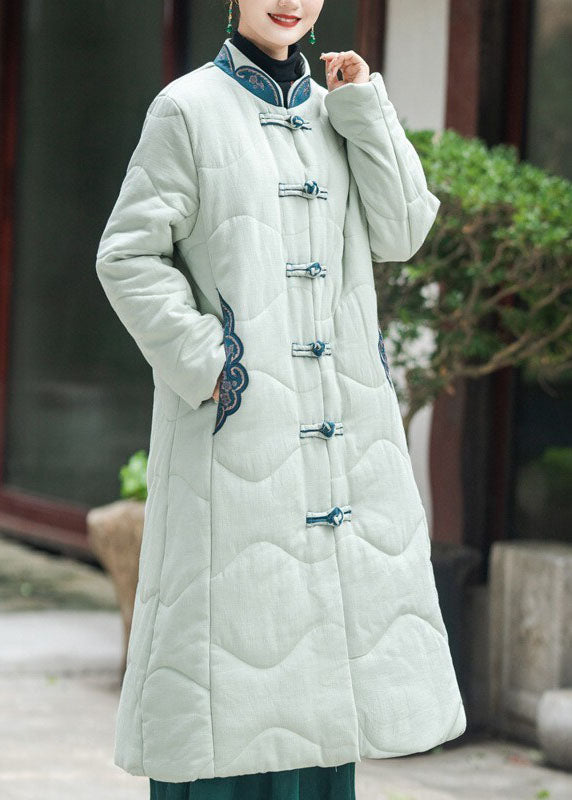  Elegant Khaki Stand Collar Embroideried Lengthen Fine Cotton Filled Witner Coat - Down Jackets - DYAVOR® 