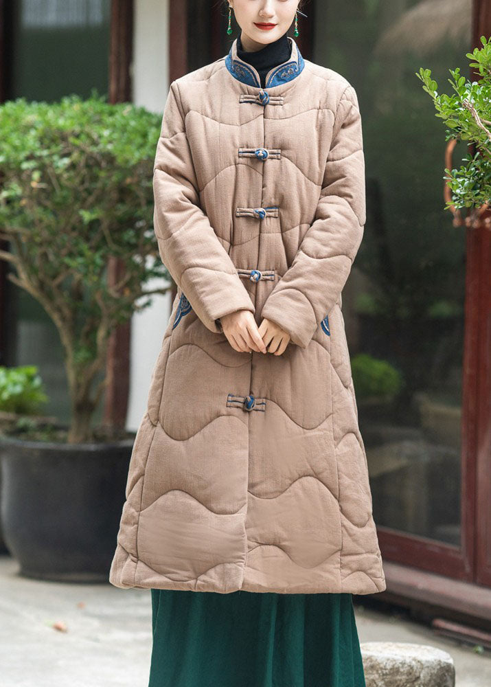  Elegant Khaki Stand Collar Embroideried Lengthen Fine Cotton Filled Witner Coat - Down Jackets - DYAVOR® 