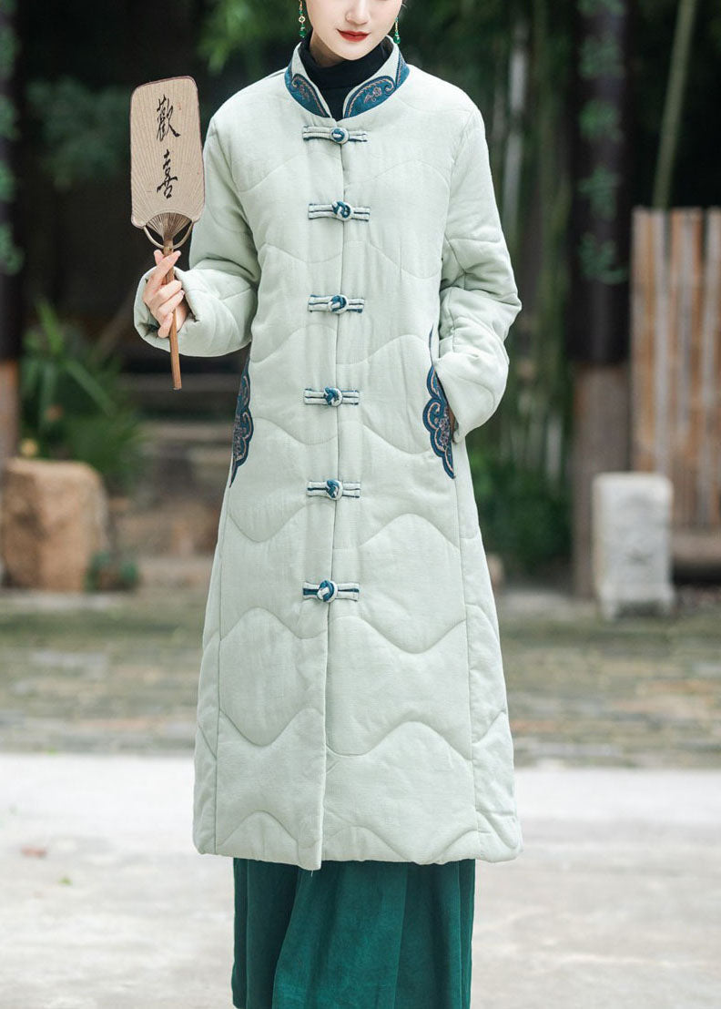  Elegant Khaki Stand Collar Embroideried Lengthen Fine Cotton Filled Witner Coat - Down Jackets - DYAVOR® 