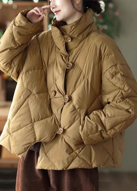  Elegant Khaki Stand Collar Oversized Button Duck Down Puffer Jacket Winter - Down Jackets - DYAVOR® 