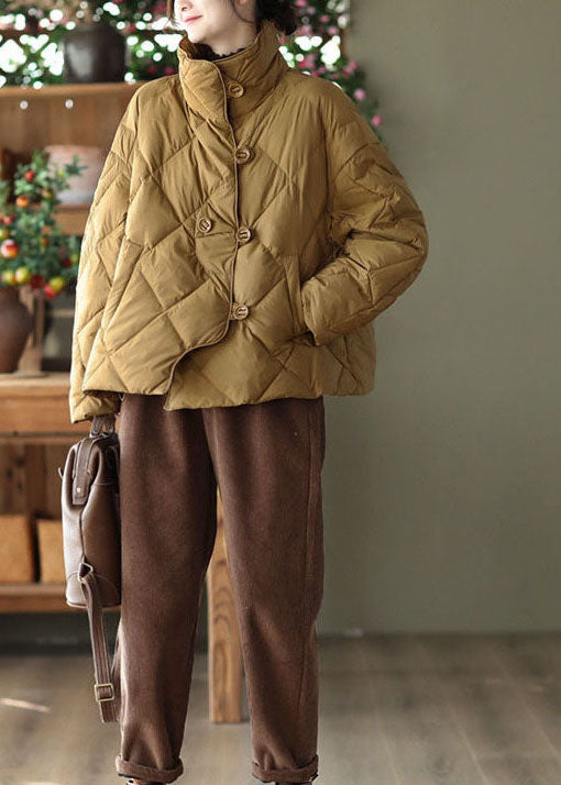  Elegant Khaki Stand Collar Oversized Button Duck Down Puffer Jacket Winter - Down Jackets - DYAVOR® 