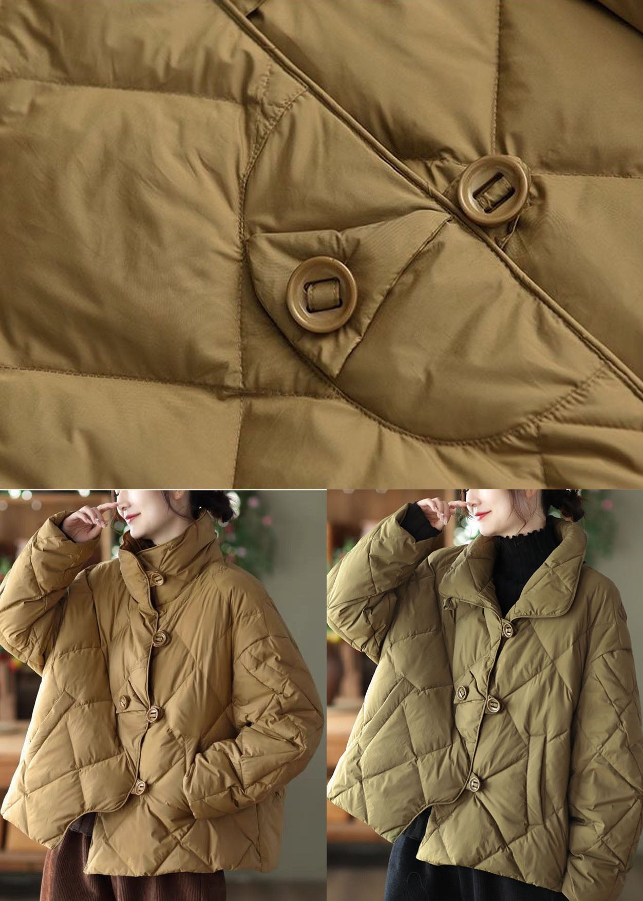  Elegant Khaki Stand Collar Oversized Button Duck Down Puffer Jacket Winter - Down Jackets - DYAVOR® 