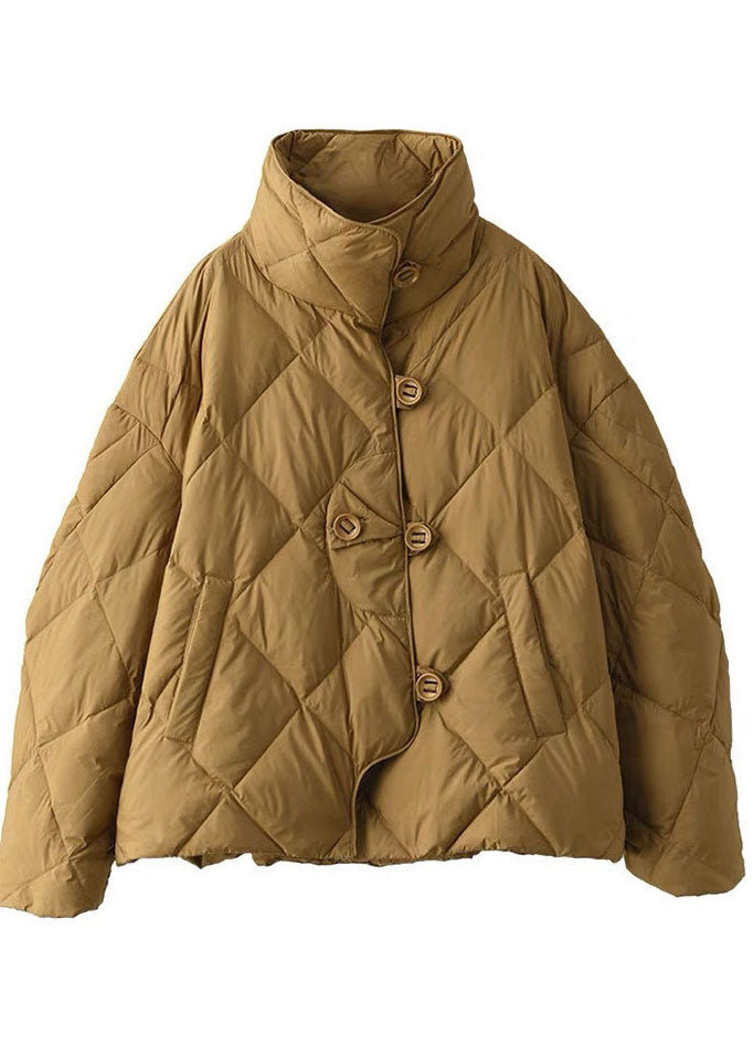  Elegant Khaki Stand Collar Oversized Button Duck Down Puffer Jacket Winter - Down Jackets - DYAVOR® 