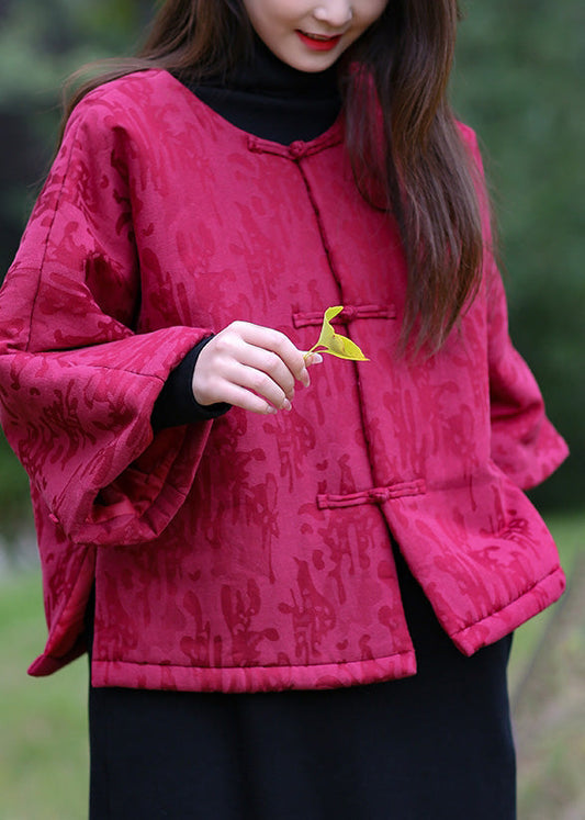  Elegant Mulberry O-Neck Print Button Warm Fleece Cotton Parka Winter - Down Jackets - DYAVOR® 