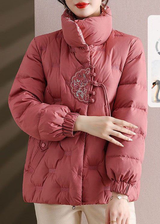  Elegant Pink Embroideried Stand Collar Duck Down Puffers Jackets Winter - Down Jackets - DYAVOR® 