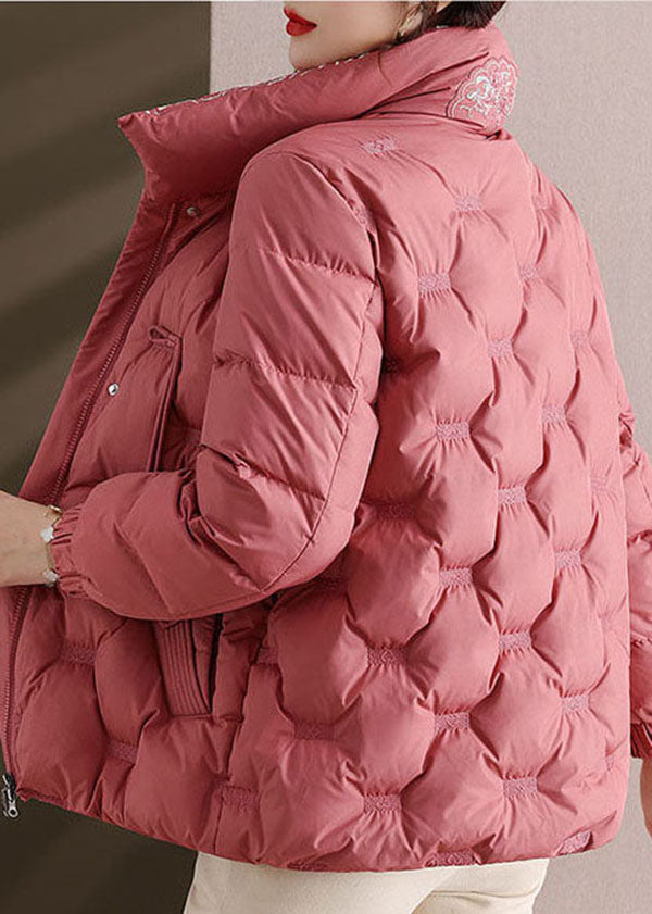  Elegant Pink Embroideried Stand Collar Duck Down Puffers Jackets Winter - Down Jackets - DYAVOR® 