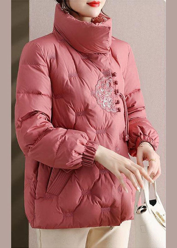  Elegant Pink Embroideried Stand Collar Duck Down Puffers Jackets Winter - Down Jackets - DYAVOR® 
