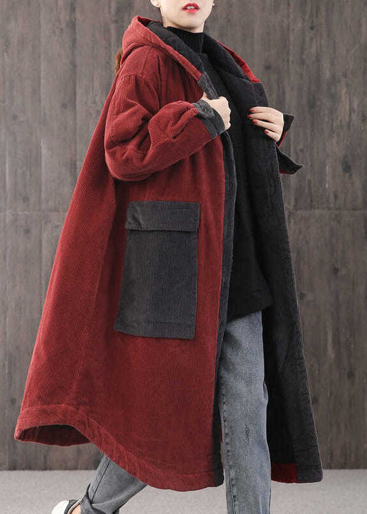  Elegant Red hooded Pockets Button Winter Coat Long sleeve - Down Jackets - DYAVOR® 