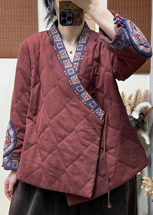  Elegant Rust Embroideried Patchwork Lace Up Fine Cotton Filled Coats Winter - Down Jackets - DYAVOR® 