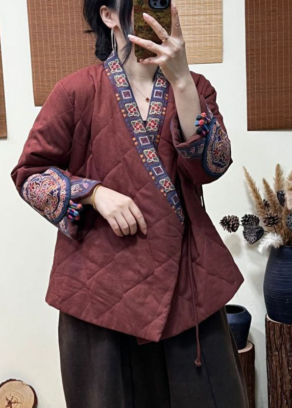  Elegant Rust Embroideried Patchwork Lace Up Fine Cotton Filled Coats Winter - Down Jackets - DYAVOR® 